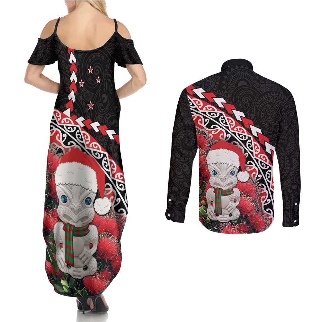 New Zealand Christmas Meri Kirihimete Couples Matching Summer Maxi Dress and Long Sleeve Button Shirt Santa Hei Tiki Pohutukawa LT01 - Polynesian Pride