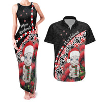 New Zealand Christmas Meri Kirihimete Couples Matching Tank Maxi Dress and Hawaiian Shirt Santa Hei Tiki Pohutukawa LT01 Black - Polynesian Pride