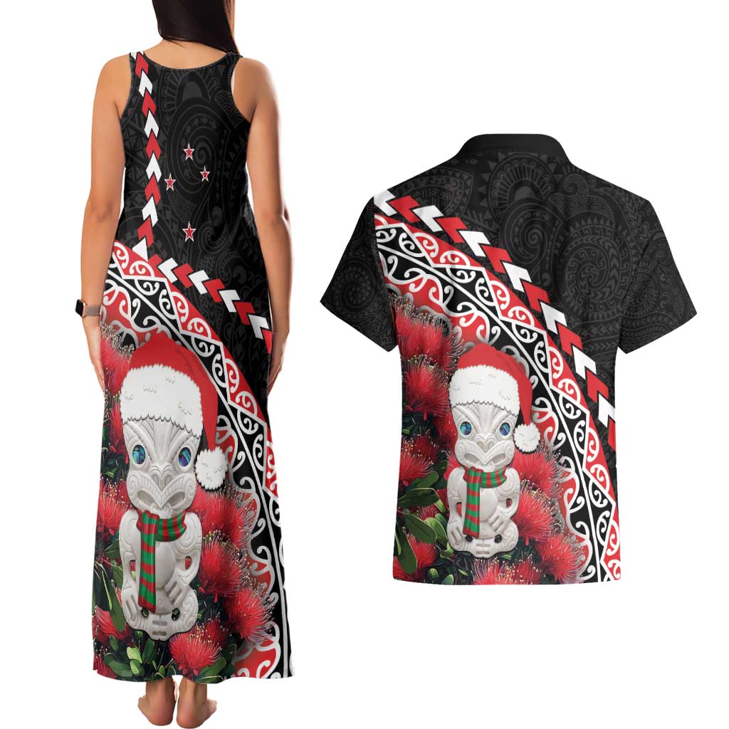 New Zealand Christmas Meri Kirihimete Couples Matching Tank Maxi Dress and Hawaiian Shirt Santa Hei Tiki Pohutukawa LT01 - Polynesian Pride