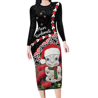 New Zealand Christmas Meri Kirihimete Family Matching Long Sleeve Bodycon Dress and Hawaiian Shirt Santa Hei Tiki Pohutukawa LT01 Mom's Dress Black - Polynesian Pride