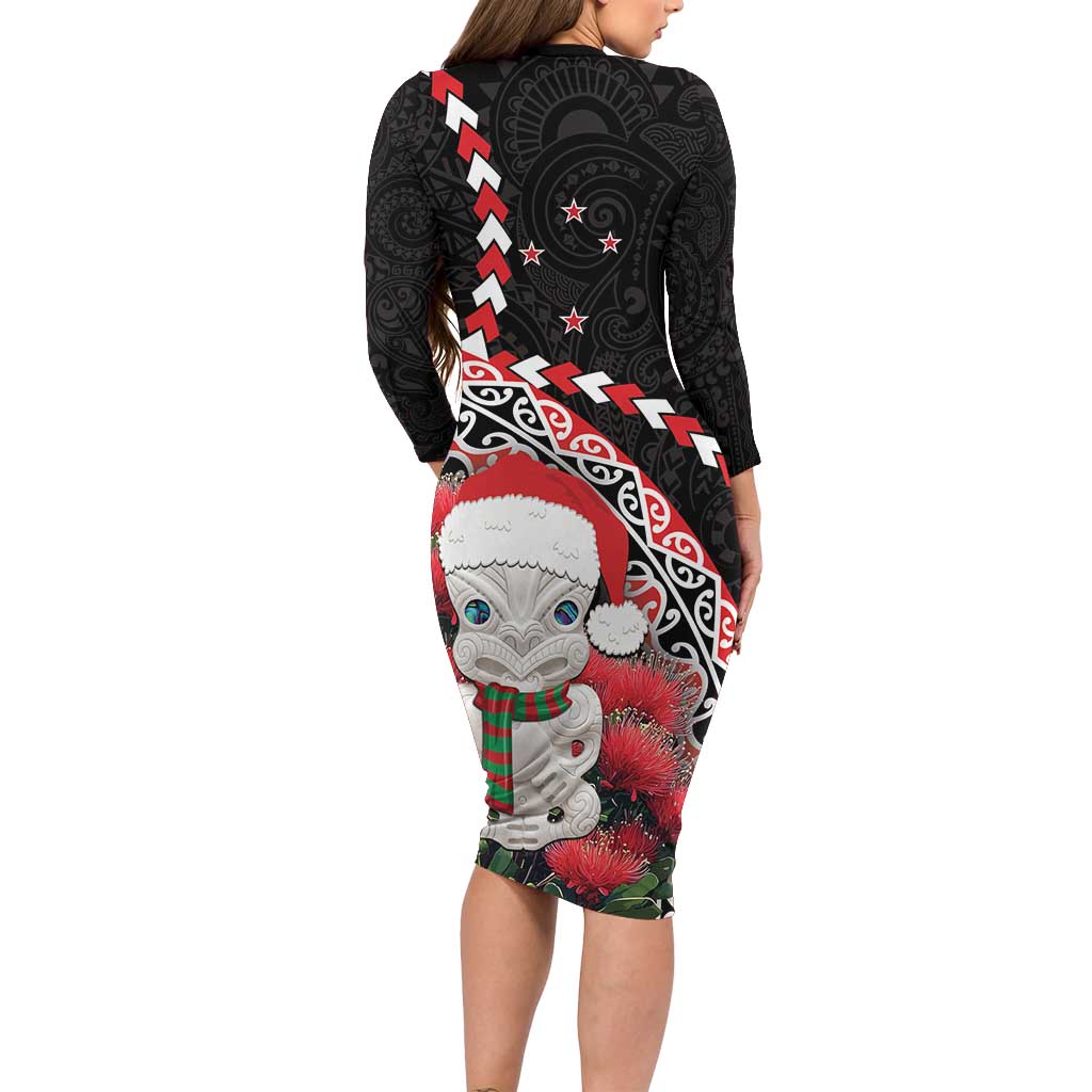 New Zealand Christmas Meri Kirihimete Family Matching Long Sleeve Bodycon Dress and Hawaiian Shirt Santa Hei Tiki Pohutukawa LT01 - Polynesian Pride