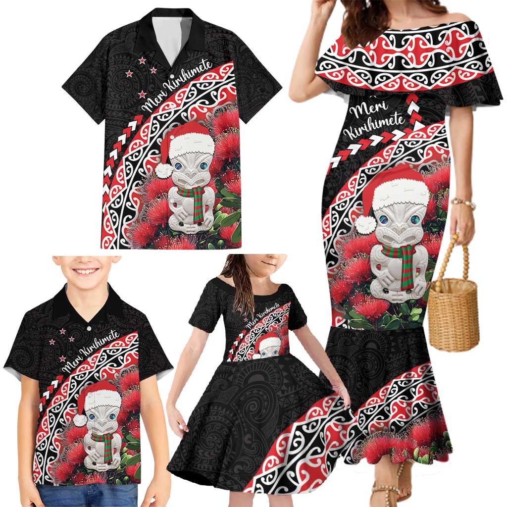 New Zealand Christmas Meri Kirihimete Family Matching Mermaid Dress and Hawaiian Shirt Santa Hei Tiki Pohutukawa LT01 - Polynesian Pride