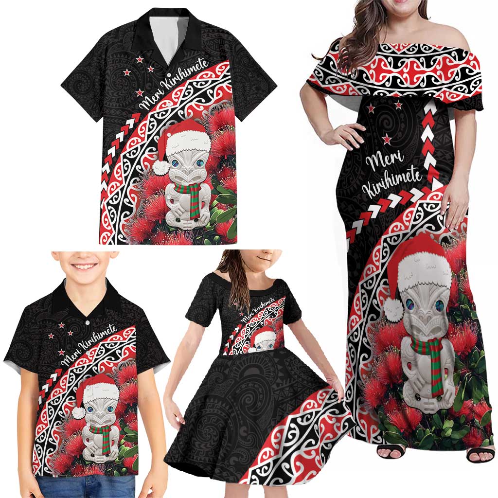 New Zealand Christmas Meri Kirihimete Family Matching Off Shoulder Maxi Dress and Hawaiian Shirt Santa Hei Tiki Pohutukawa LT01 - Polynesian Pride