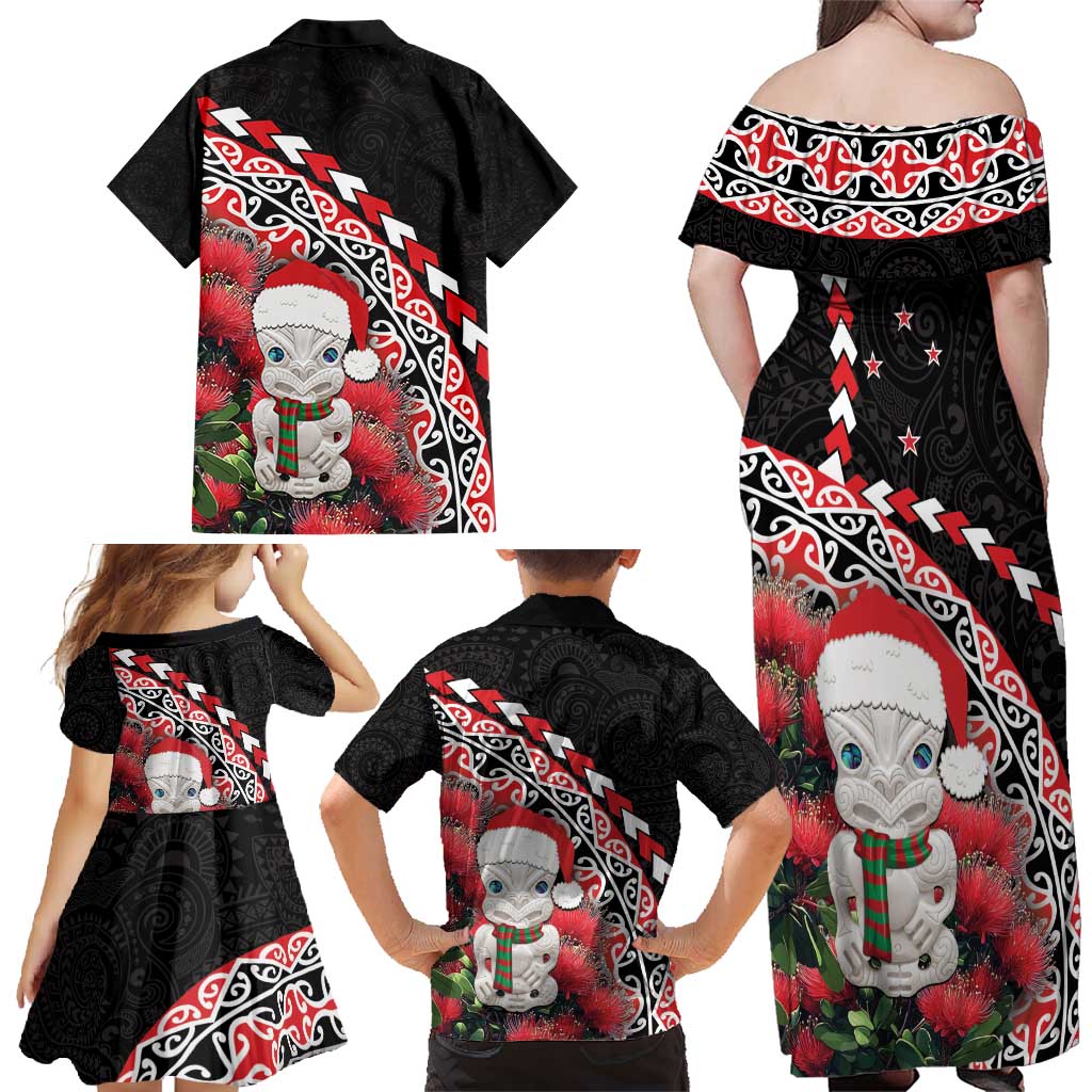 New Zealand Christmas Meri Kirihimete Family Matching Off Shoulder Maxi Dress and Hawaiian Shirt Santa Hei Tiki Pohutukawa LT01 - Polynesian Pride