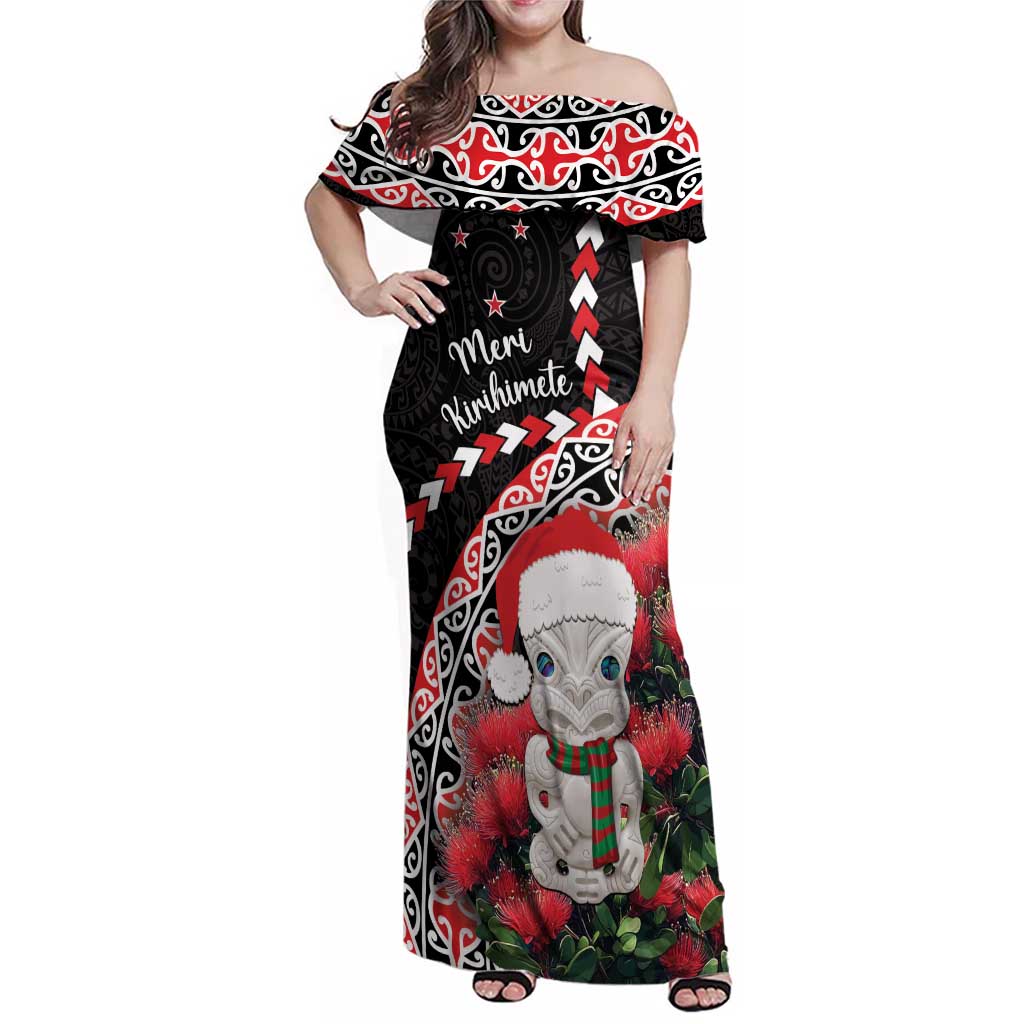 New Zealand Christmas Meri Kirihimete Family Matching Off Shoulder Maxi Dress and Hawaiian Shirt Santa Hei Tiki Pohutukawa LT01 Mom's Dress Black - Polynesian Pride