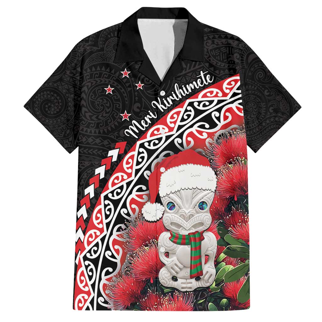 New Zealand Christmas Meri Kirihimete Family Matching Off Shoulder Short Dress and Hawaiian Shirt Santa Hei Tiki Pohutukawa LT01 Dad's Shirt - Short Sleeve Black - Polynesian Pride