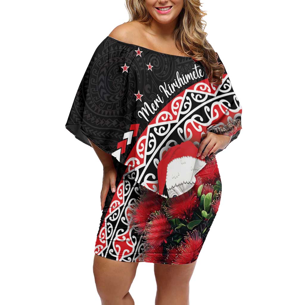 New Zealand Christmas Meri Kirihimete Family Matching Off Shoulder Short Dress and Hawaiian Shirt Santa Hei Tiki Pohutukawa LT01 Mom's Dress Black - Polynesian Pride
