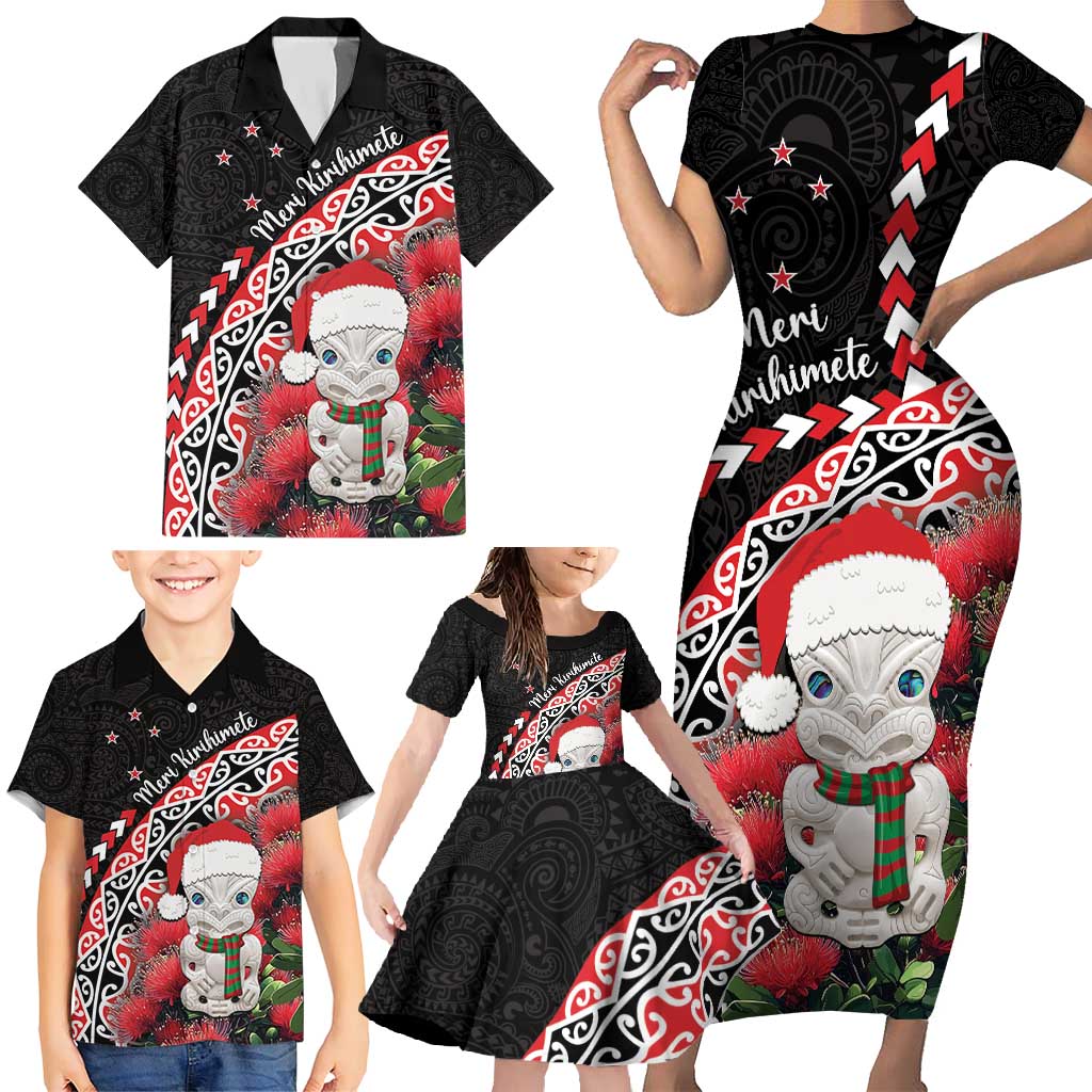 New Zealand Christmas Meri Kirihimete Family Matching Short Sleeve Bodycon Dress and Hawaiian Shirt Santa Hei Tiki Pohutukawa LT01 - Polynesian Pride