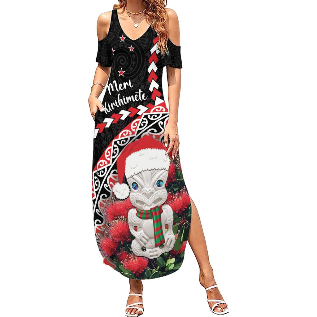 New Zealand Christmas Meri Kirihimete Family Matching Summer Maxi Dress and Hawaiian Shirt Santa Hei Tiki Pohutukawa LT01 Mom's Dress Black - Polynesian Pride