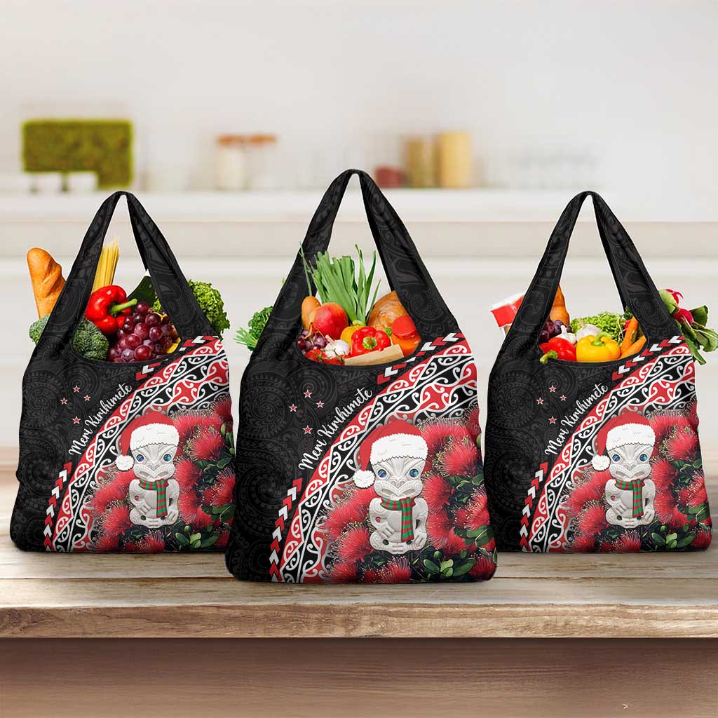 New Zealand Christmas Meri Kirihimete Grocery Bag Santa Hei Tiki Pohutukawa LT01 3-pack One Size Black - Polynesian Pride
