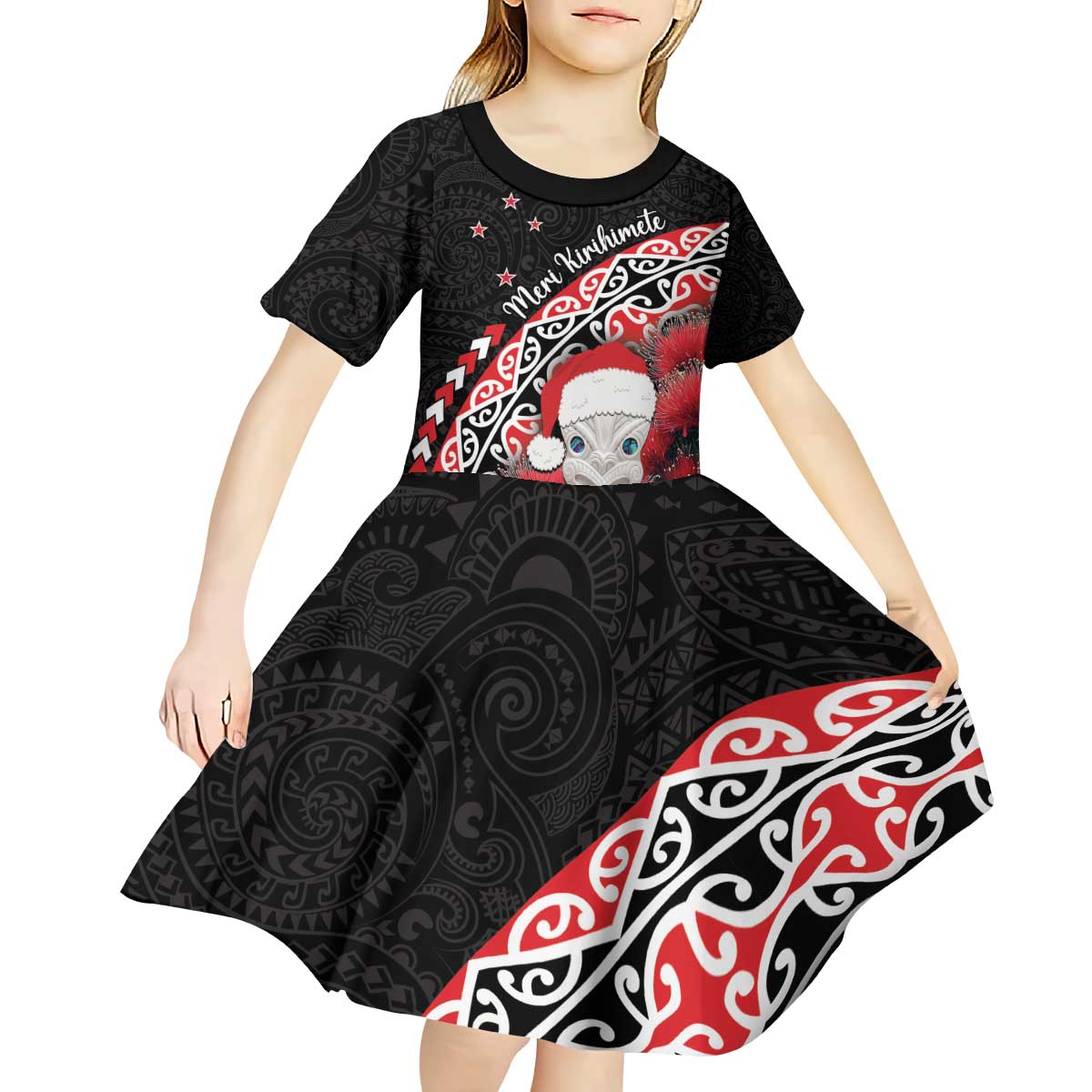 New Zealand Christmas Meri Kirihimete Kid Short Sleeve Dress Santa Hei Tiki Pohutukawa LT01 - Polynesian Pride
