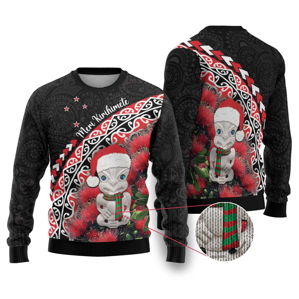 New Zealand Christmas Meri Kirihimete Ugly Christmas Sweater Santa Hei Tiki Pohutukawa LT01 Black - Polynesian Pride