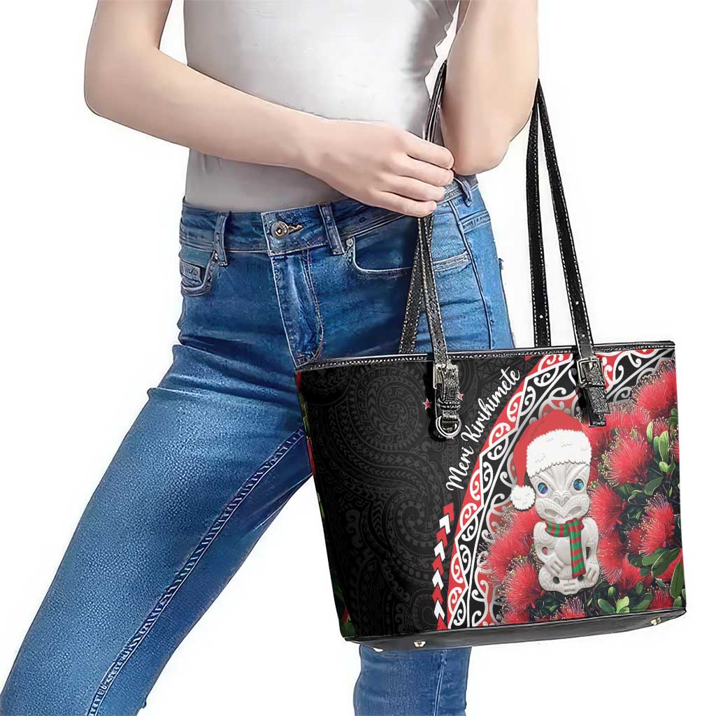 New Zealand Christmas Meri Kirihimete Leather Tote Bag Santa Hei Tiki Pohutukawa LT01 - Polynesian Pride