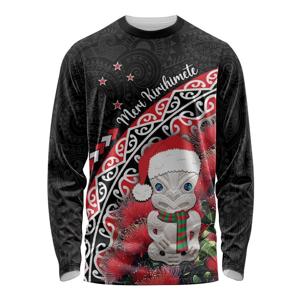 New Zealand Christmas Meri Kirihimete Long Sleeve Shirt Santa Hei Tiki Pohutukawa LT01 Unisex Black - Polynesian Pride
