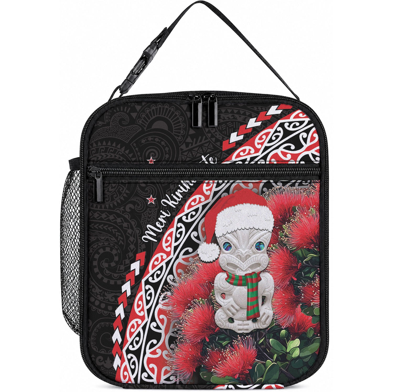 New Zealand Christmas Meri Kirihimete Lunch Bag Santa Hei Tiki Pohutukawa LT01 10.2 × 8.3 × 4.3 inch Black - Polynesian Pride