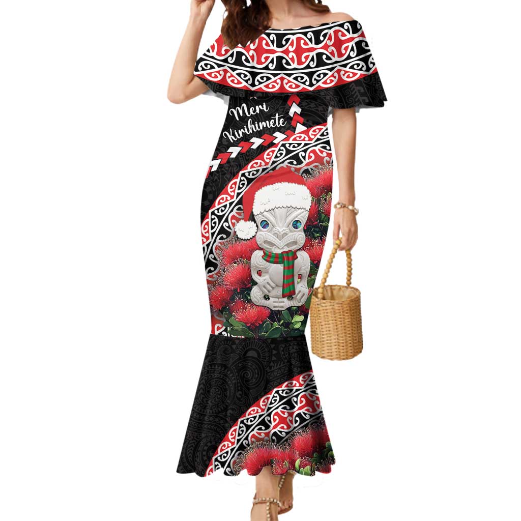 New Zealand Christmas Meri Kirihimete Mermaid Dress Santa Hei Tiki Pohutukawa LT01 Women Black - Polynesian Pride