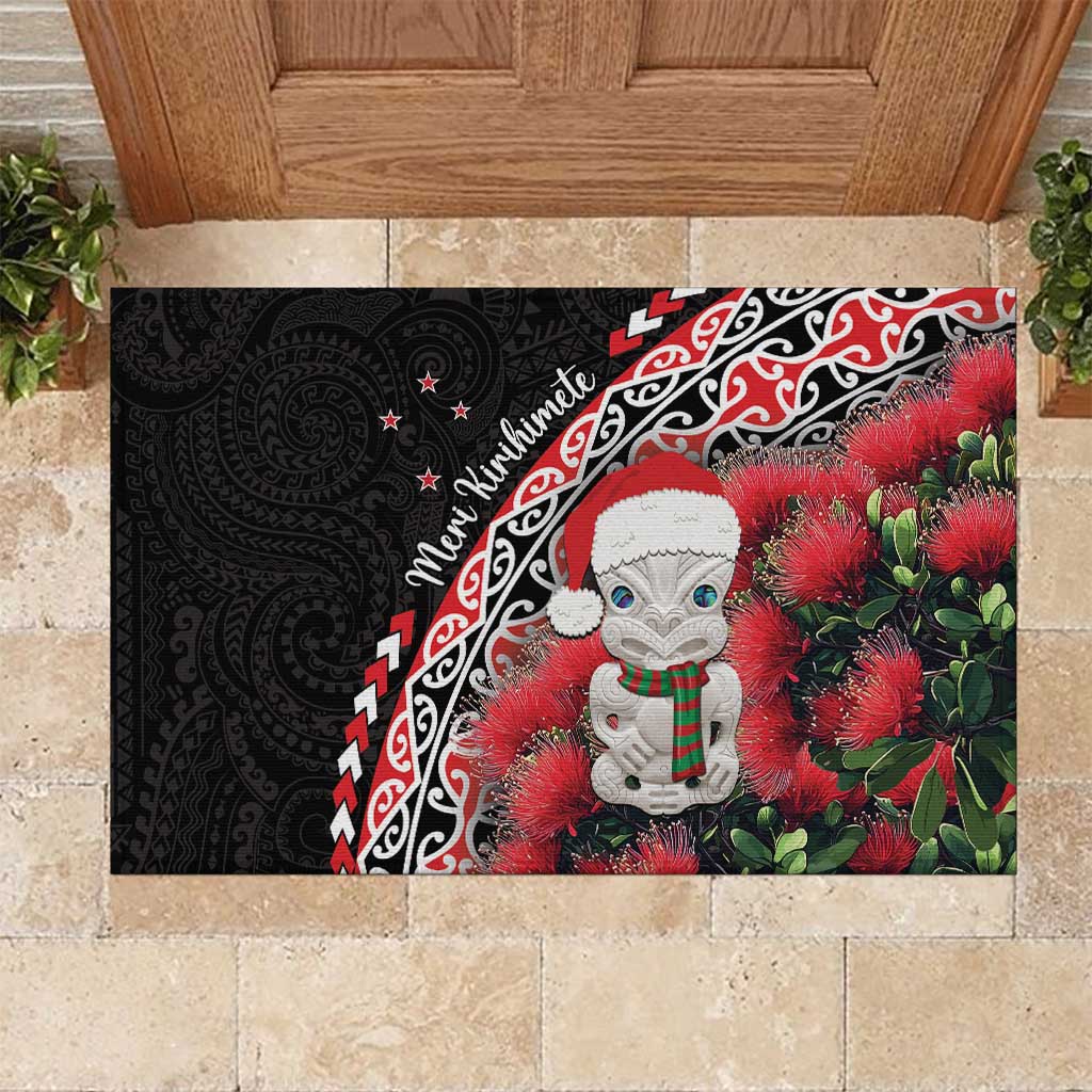 New Zealand Christmas Meri Kirihimete Rubber Doormat Santa Hei Tiki Pohutukawa LT01 Black - Polynesian Pride