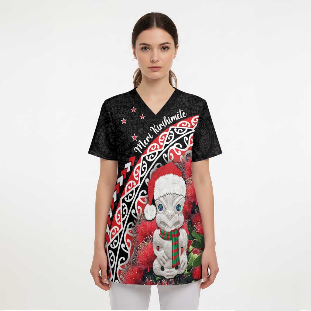 New Zealand Christmas Meri Kirihimete Scrub Top Santa Hei Tiki Pohutukawa LT01 - Polynesian Pride