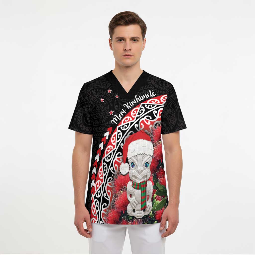 New Zealand Christmas Meri Kirihimete Scrub Top Santa Hei Tiki Pohutukawa LT01 - Polynesian Pride