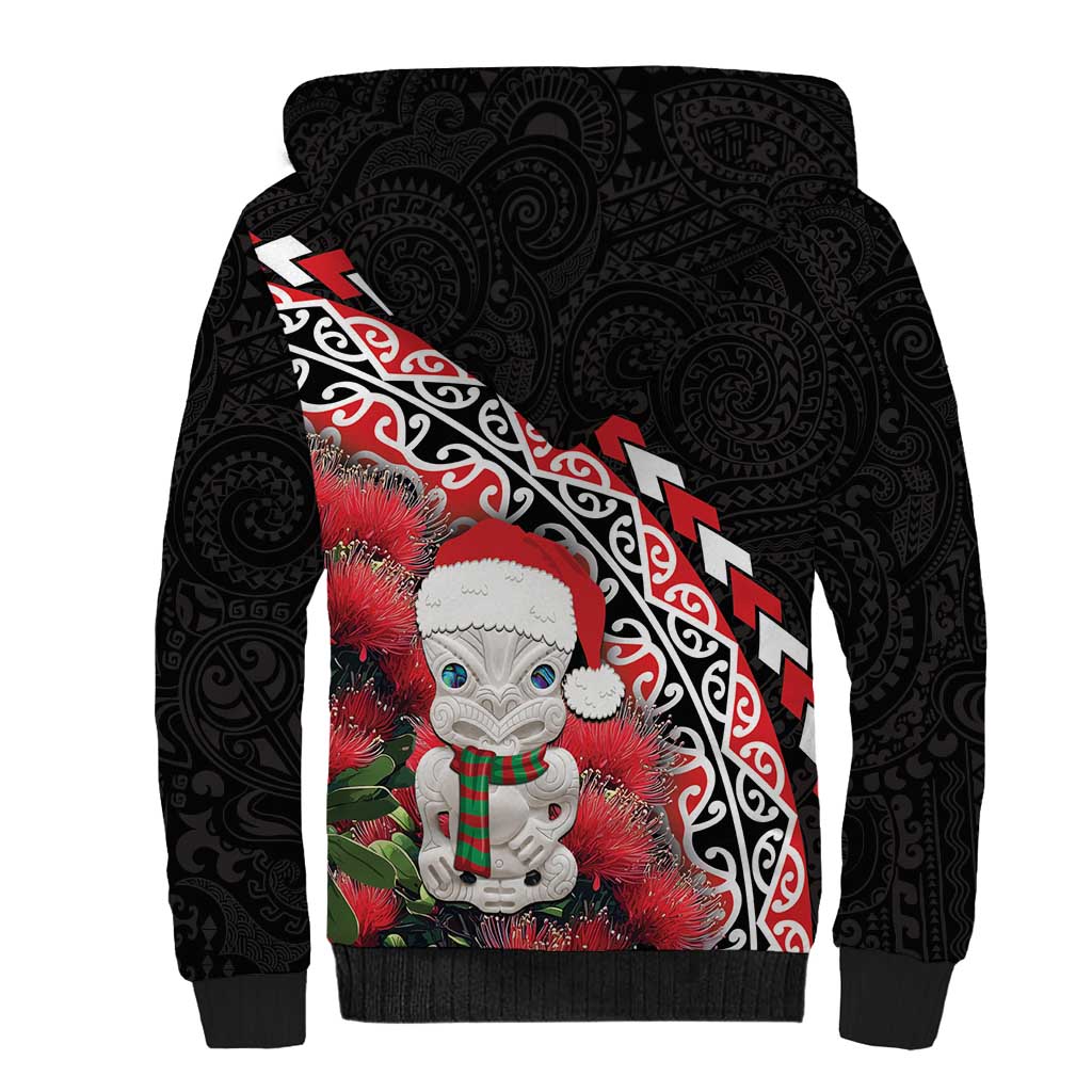 New Zealand Christmas Meri Kirihimete Sherpa Hoodie Santa Hei Tiki Pohutukawa LT01 - Polynesian Pride