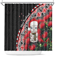 New Zealand Christmas Meri Kirihimete Shower Curtain Santa Hei Tiki Pohutukawa LT01 Black - Polynesian Pride