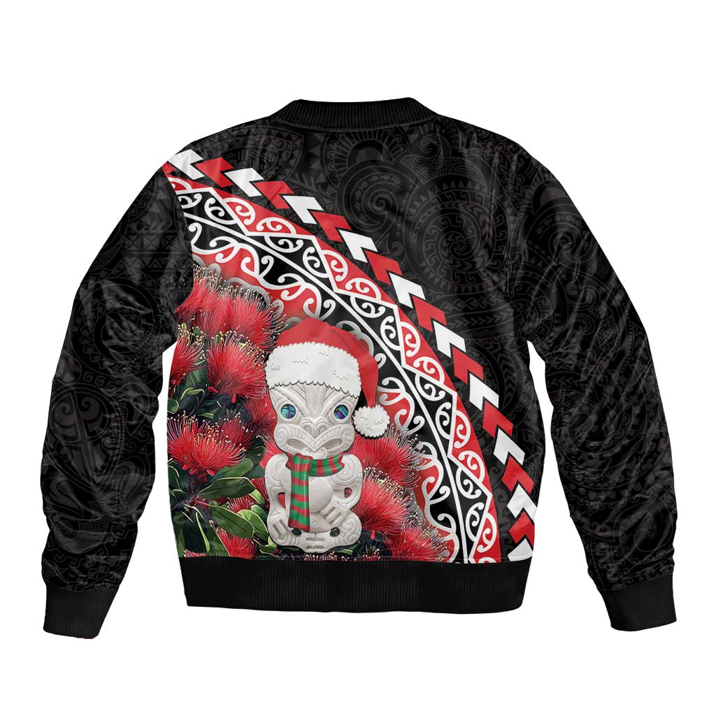New Zealand Christmas Meri Kirihimete Sleeve Zip Bomber Jacket Santa Hei Tiki Pohutukawa LT01 - Polynesian Pride