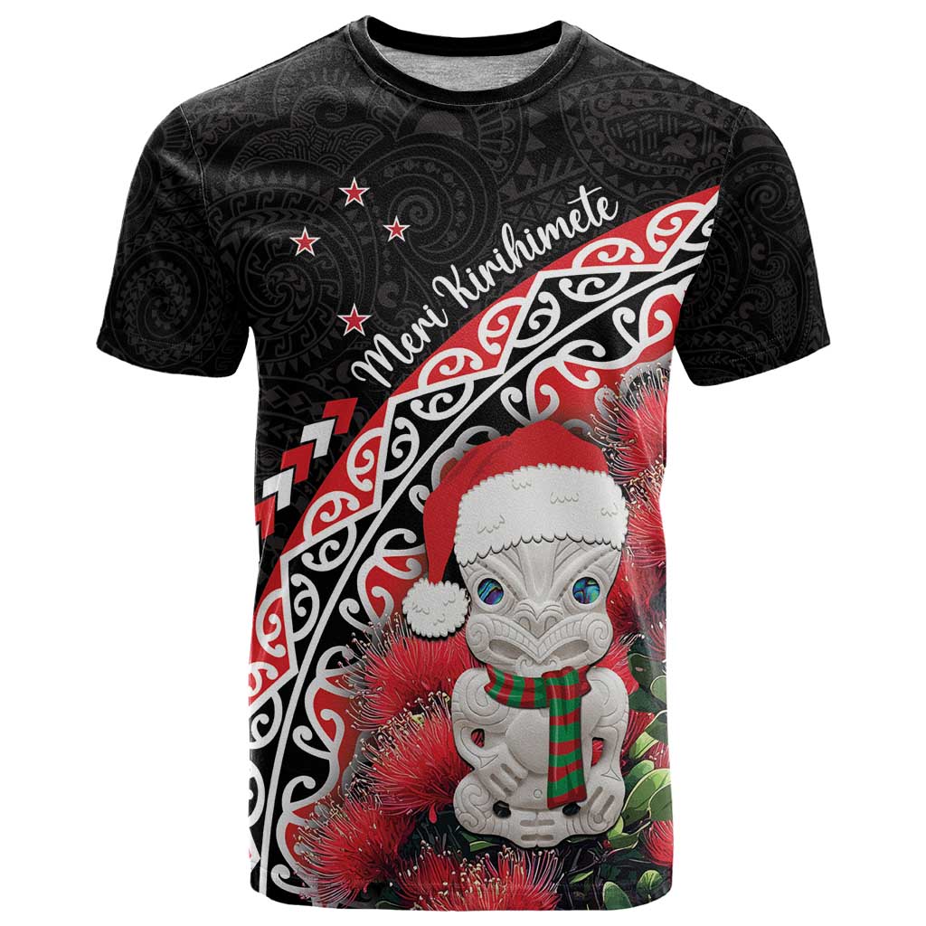 New Zealand Christmas Meri Kirihimete T Shirt Santa Hei Tiki Pohutukawa LT01 Black - Polynesian Pride