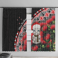 New Zealand Christmas Meri Kirihimete Window Curtain Santa Hei Tiki Pohutukawa LT01 With Hooks Black - Polynesian Pride