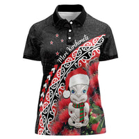 New Zealand Christmas Meri Kirihimete Women Polo Shirt Santa Hei Tiki Pohutukawa LT01 Female Black - Polynesian Pride