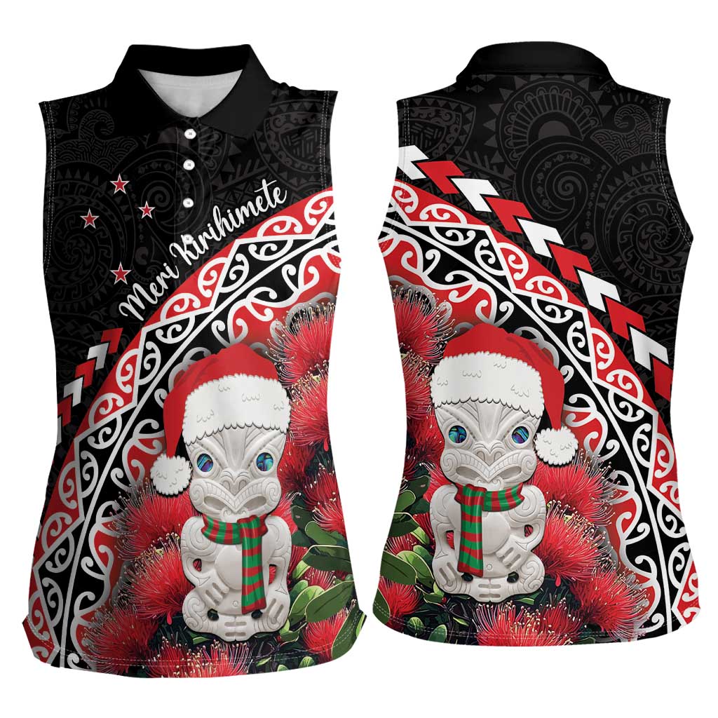 New Zealand Christmas Meri Kirihimete Women Sleeveless Polo Shirt Santa Hei Tiki Pohutukawa LT01 - Polynesian Pride