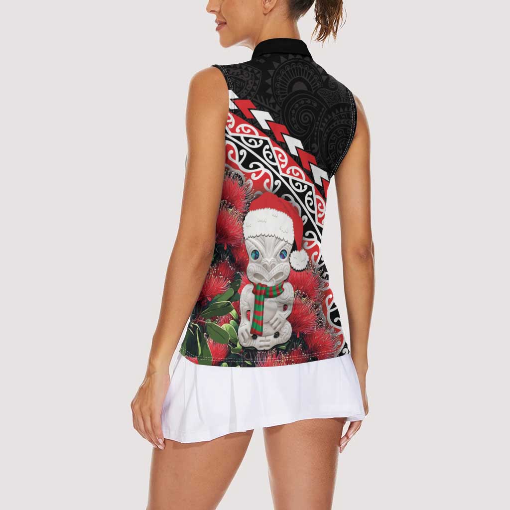New Zealand Christmas Meri Kirihimete Women Sleeveless Polo Shirt Santa Hei Tiki Pohutukawa LT01 - Polynesian Pride