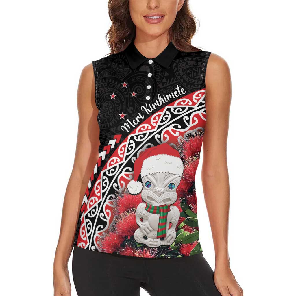 New Zealand Christmas Meri Kirihimete Women Sleeveless Polo Shirt Santa Hei Tiki Pohutukawa LT01 - Polynesian Pride