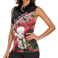 New Zealand Christmas Meri Kirihimete Women Sleeveless Polo Shirt Santa Hei Tiki Pohutukawa LT01 - Polynesian Pride