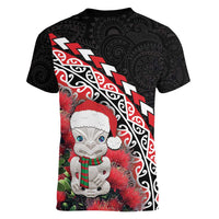 New Zealand Christmas Meri Kirihimete Women V-Neck T-Shirt Santa Hei Tiki Pohutukawa LT01 - Polynesian Pride
