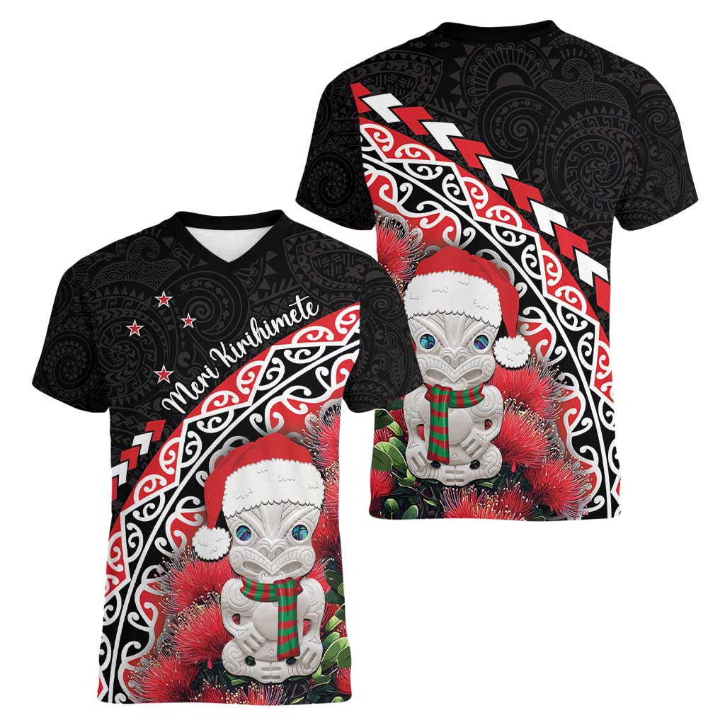 New Zealand Christmas Meri Kirihimete Women V-Neck T-Shirt Santa Hei Tiki Pohutukawa LT01 - Polynesian Pride