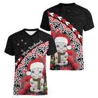 New Zealand Christmas Meri Kirihimete Women V-Neck T-Shirt Santa Hei Tiki Pohutukawa LT01 - Polynesian Pride