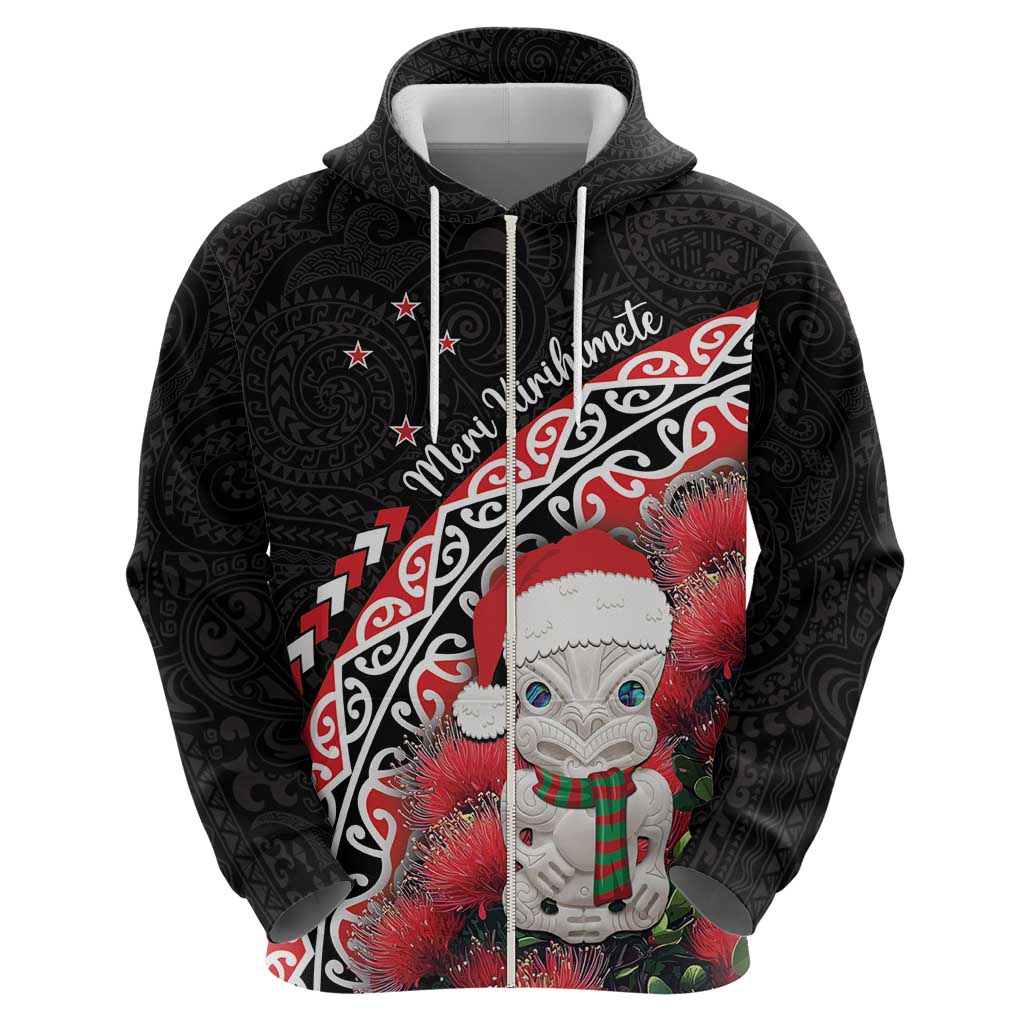 New Zealand Christmas Meri Kirihimete Zip Hoodie Santa Hei Tiki Pohutukawa LT01 - Polynesian Pride