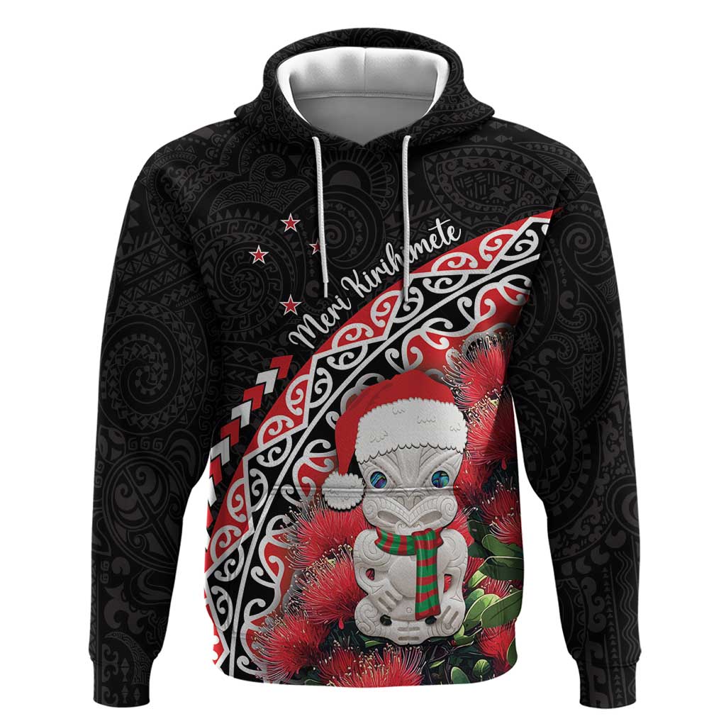 New Zealand Christmas Meri Kirihimete Zip Hoodie Santa Hei Tiki Pohutukawa LT01 Pullover Hoodie Black - Polynesian Pride