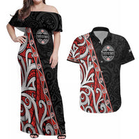 Aotearoa Toitu Te Tiriti Couples Matching Off Shoulder Maxi Dress and Hawaiian Shirt Honour The Treaty New Zealand LT01 Black - Polynesian Pride