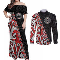 Aotearoa Toitu Te Tiriti Couples Matching Off Shoulder Maxi Dress and Long Sleeve Button Shirt Honour The Treaty New Zealand LT01 Black - Polynesian Pride