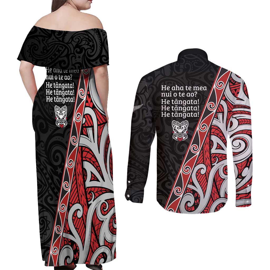 Aotearoa Toitu Te Tiriti Couples Matching Off Shoulder Maxi Dress and Long Sleeve Button Shirt Honour The Treaty New Zealand LT01 - Polynesian Pride