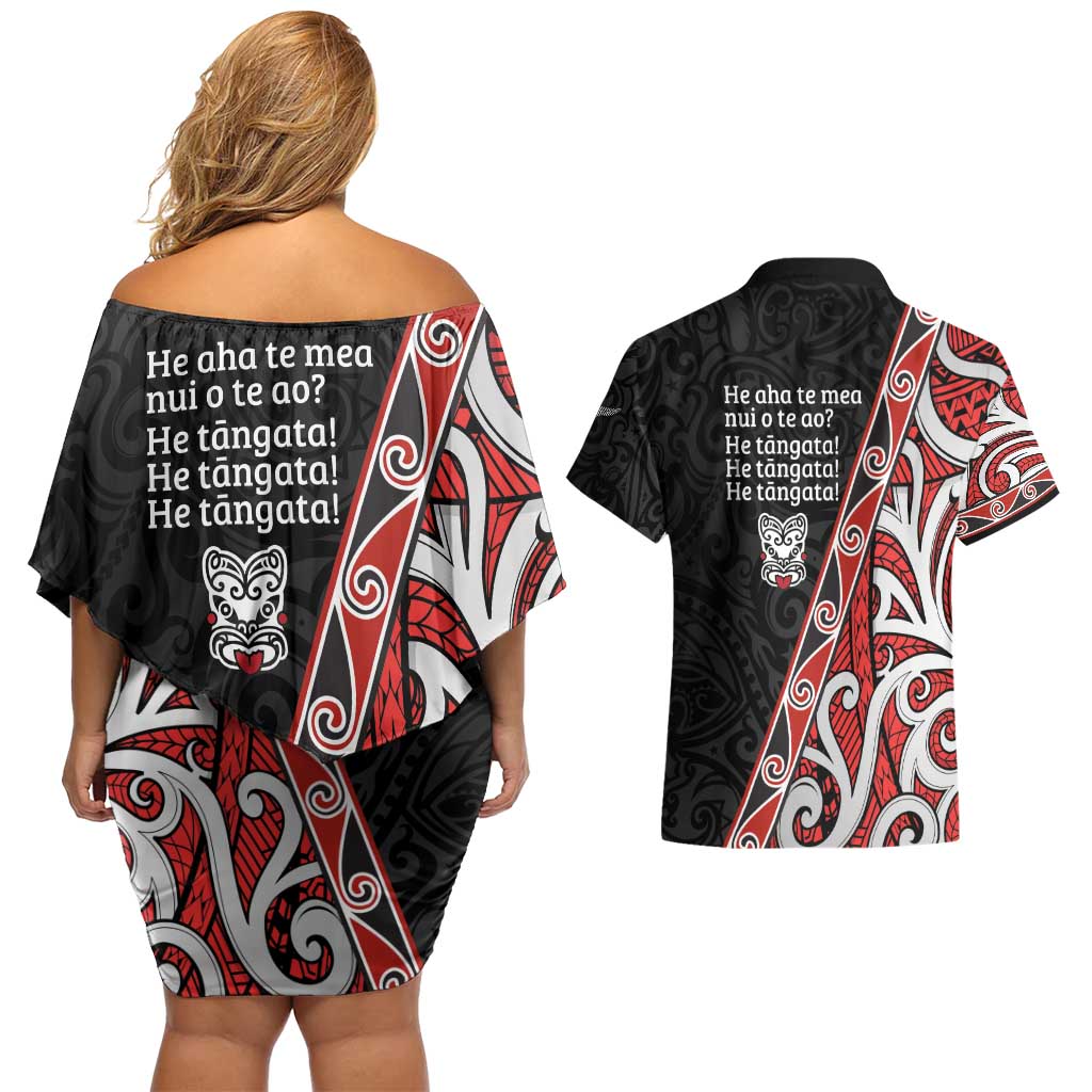 Aotearoa Toitu Te Tiriti Couples Matching Off Shoulder Short Dress and Hawaiian Shirt Honour The Treaty New Zealand LT01 - Polynesian Pride