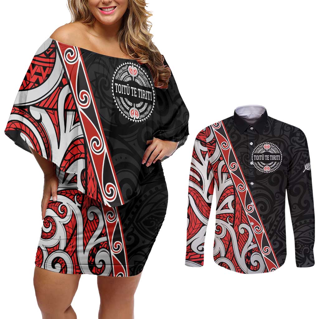 Aotearoa Toitu Te Tiriti Couples Matching Off Shoulder Short Dress and Long Sleeve Button Shirt Honour The Treaty New Zealand LT01 Black - Polynesian Pride