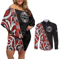 Aotearoa Toitu Te Tiriti Couples Matching Off Shoulder Short Dress and Long Sleeve Button Shirt Honour The Treaty New Zealand LT01 Black - Polynesian Pride