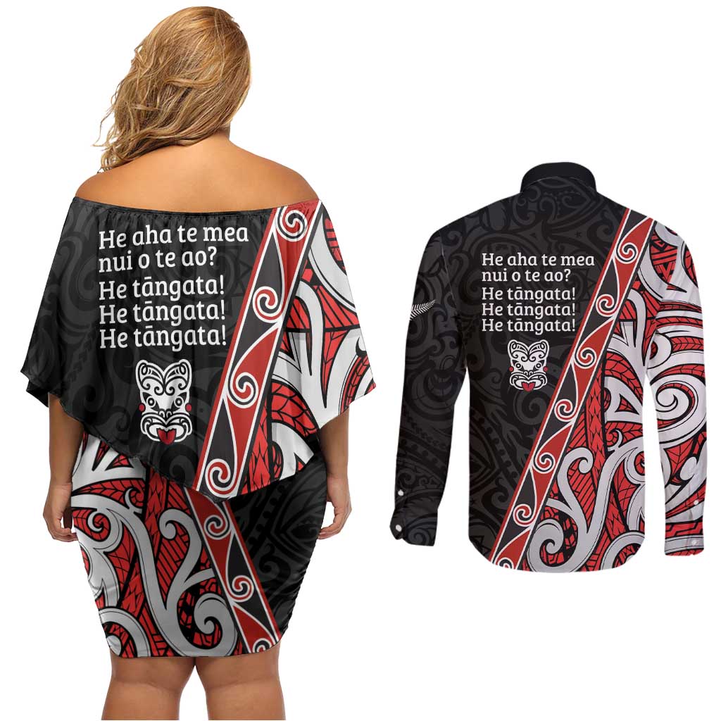 Aotearoa Toitu Te Tiriti Couples Matching Off Shoulder Short Dress and Long Sleeve Button Shirt Honour The Treaty New Zealand LT01 - Polynesian Pride