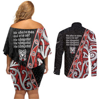 Aotearoa Toitu Te Tiriti Couples Matching Off Shoulder Short Dress and Long Sleeve Button Shirt Honour The Treaty New Zealand LT01 - Polynesian Pride