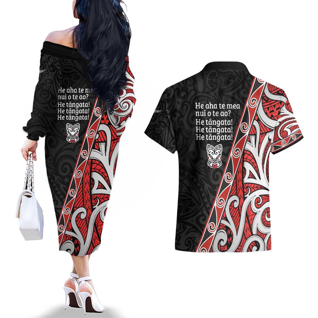 Aotearoa Toitu Te Tiriti Couples Matching Off The Shoulder Long Sleeve Dress and Hawaiian Shirt Honour The Treaty New Zealand LT01 - Polynesian Pride