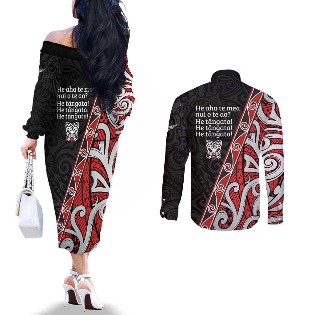 Aotearoa Toitu Te Tiriti Couples Matching Off The Shoulder Long Sleeve Dress and Long Sleeve Button Shirt Honour The Treaty New Zealand LT01 - Polynesian Pride