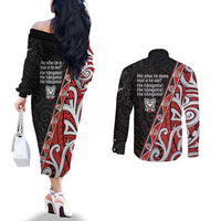 Aotearoa Toitu Te Tiriti Couples Matching Off The Shoulder Long Sleeve Dress and Long Sleeve Button Shirt Honour The Treaty New Zealand LT01 - Polynesian Pride