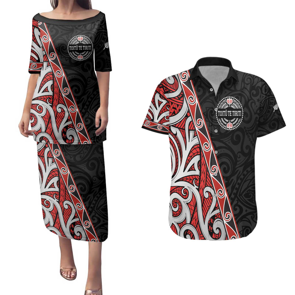Aotearoa Toitu Te Tiriti Couples Matching Puletasi and Hawaiian Shirt Honour The Treaty New Zealand LT01 Black - Polynesian Pride
